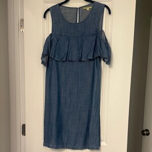 Gianni Bini Chambray Cold-Shoulder Ruffle Dress - Blue